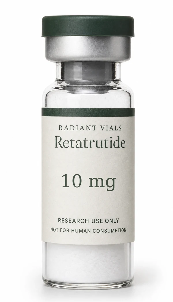 Photorealistic illustration of a Radiant Vials Retatrutide 10 mg research vial; packaging may vary
