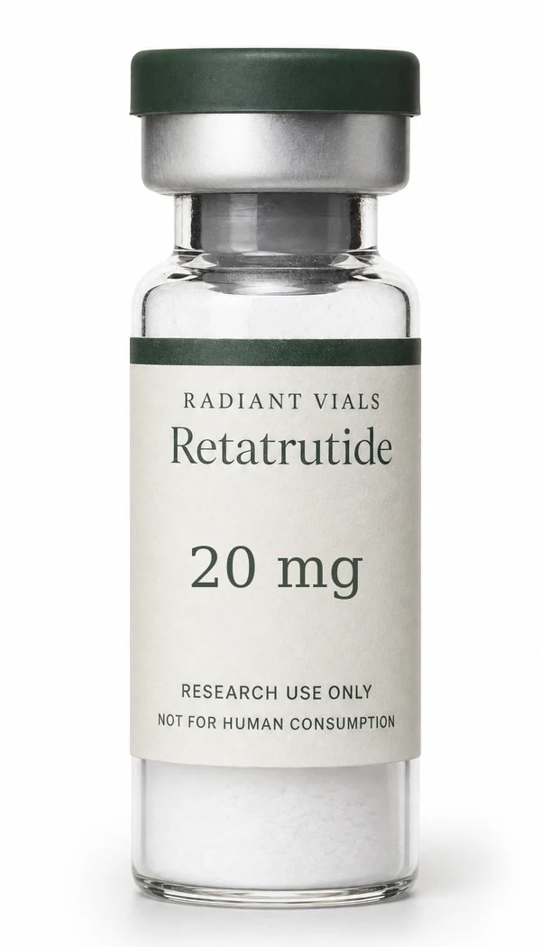 Photorealistic illustration of a Radiant Vials Retatrutide 20 mg research vial; packaging may vary